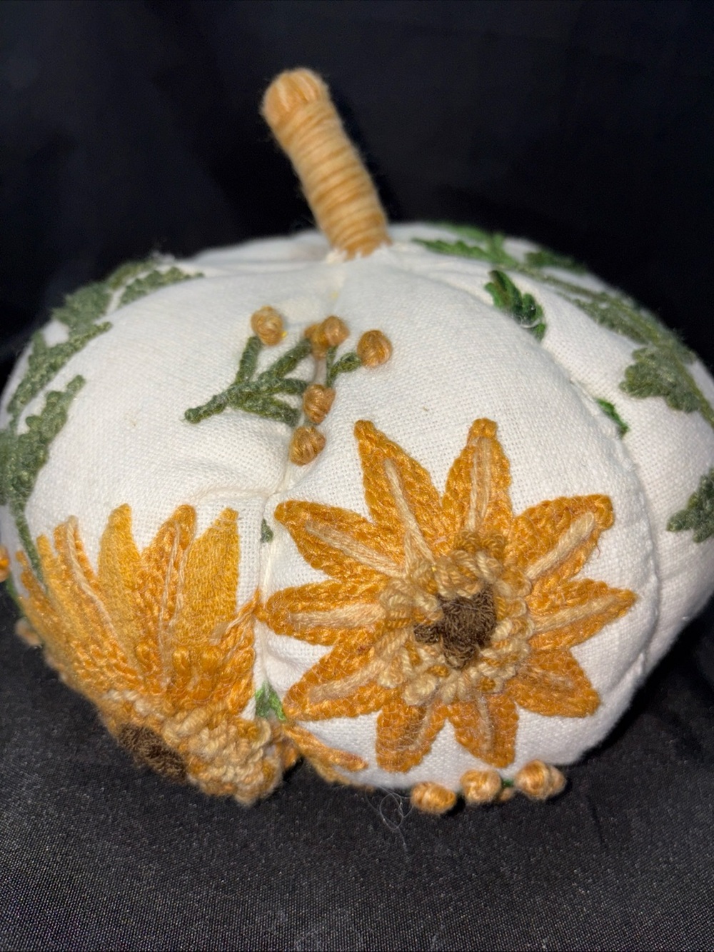 Source Unknown White Accent Pillow Pumpkin with Mustard Embroidered Flowers